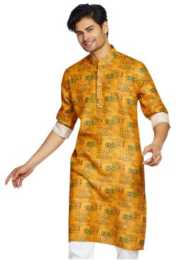 Readymade Mustard Yellow Printed Cotton Kurta