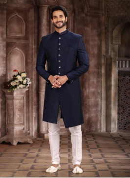 Readymade Navy Blue Art Silk Indowestern Set