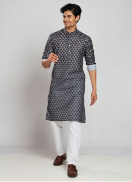 Readymade Navy Blue Printed Kurta Pajama