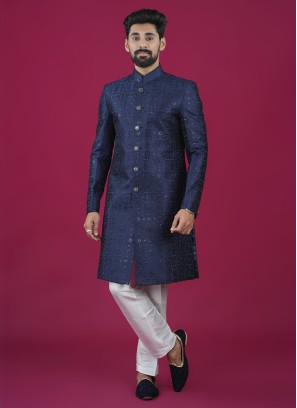 Readymade Navy Blue Silk Indowestern Set