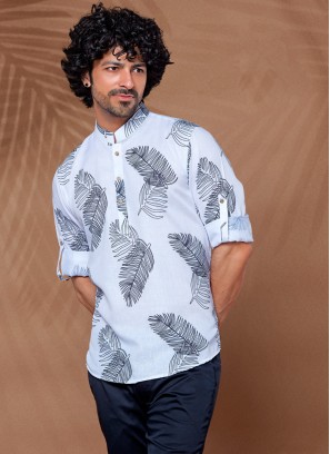 Readymade Off White Feather Printed Cotton Silk Kurta