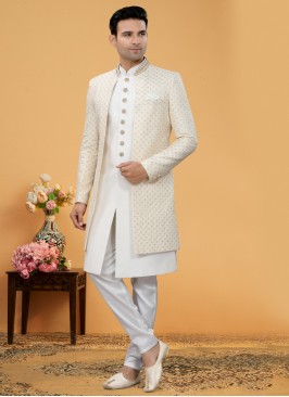 Readymade Off White Lucknowi Embroidered Indowestern Set