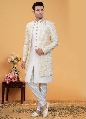 Readymade Off White Lucknowi Embroidered Indowestern Set