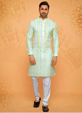 Readymade Off white Printed Mens Cotton Silk Kurta Pajama