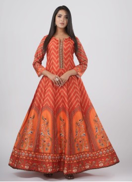 Readymade Orange Digital Print Flared Anarkali Kurti