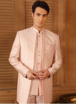 Readymade Peach Embroidered Jacket Style Indowestern Set