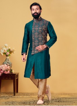 Readymade Peacock Blue Thread Embroidered Men's Indowestern Set