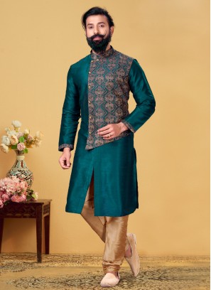 Readymade Peacock Blue Thread Embroidered Men