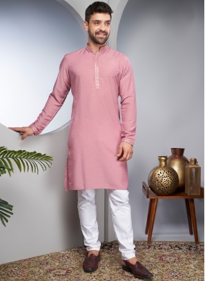 Readymade Pink And White Slub Silk Kurta Pajama