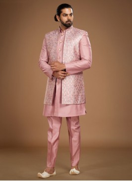 Readymade Pink Embroidered Nehru Jacket For Mens