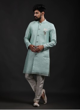 Readymade Pista Green And Off White Indowestern Set