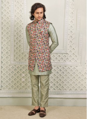 Readymade Pista Green Color Nehru Jacket Set