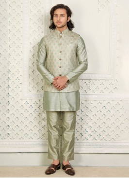 Readymade Pista Green Nehru Jacket Set With Thread Work