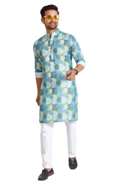 Readymade Powder Blue Printed Kurta Pajama In Cotton