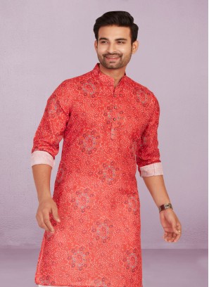 Readymade Red Color Cotton Printed Kurta