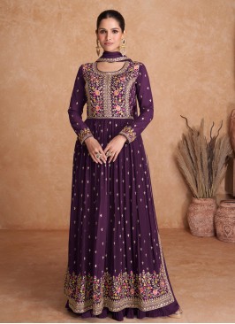 Readymade Salwar Suit Embroidered Georgette In Dark Purple Purple