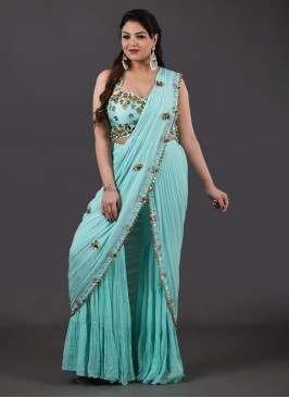 Stylish Aqua Blue Sharara Style Readymade Saree