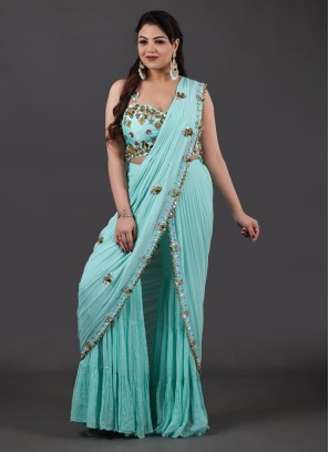 Stylish Aqua Blue Sharara Style Readymade Saree