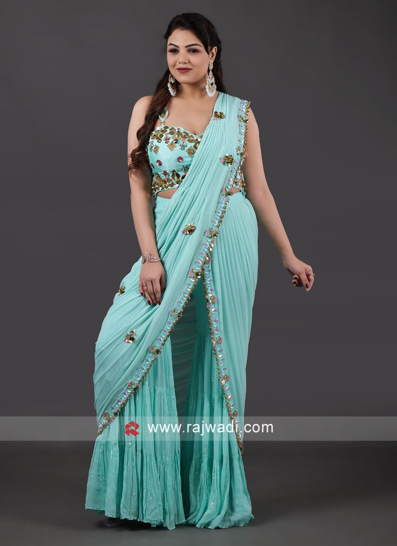 Georgette Wedding Readymade Saree in Blue with Sequence work