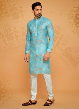 Readymade Sky Blue Color Cotton Silk Kurta Pajama