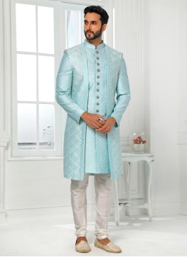 Readymade Sky Blue Embroidered Jacket Style Indowestern Set