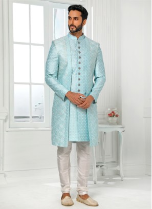 Readymade Sky Blue Embroidered Jacket Style Indowestern Set