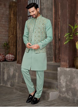 Readymade Teal Blue Color Jacket Style Indowestern