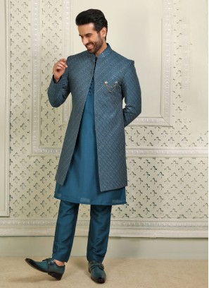 Readymade Teal Blue Thread Embroidered Indowestern