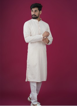 Readymade Thread Kurta Pajama In Light Peach