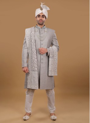 Readymade Wedding Wear Sherwani In Grey Color