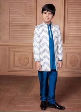 Readymade White And Blue Indowestern In Art Silk