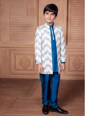 Readymade White And Blue Indowestern In Art Silk