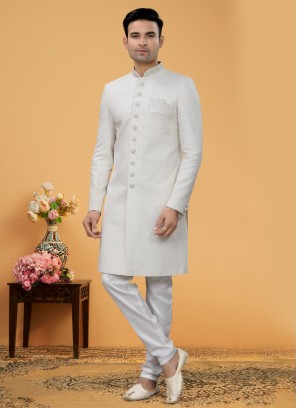 Readymade White Color Art Silk Indowestern Set