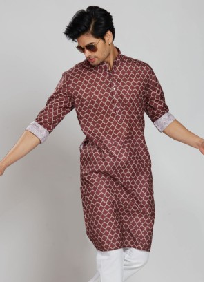 Readymade Wine Cotton Printed Kurta