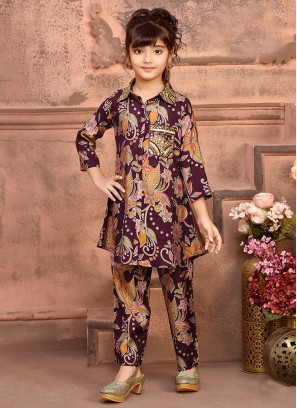 Readymade Wine Printed Co-Ord Set In Silk