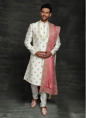 Reception Sherwani In White Color