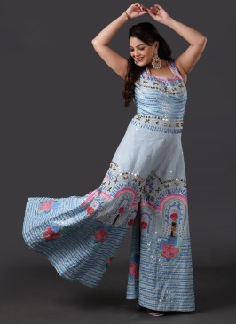 Powder Blue Designer Jumpsuit with Rose Motifs