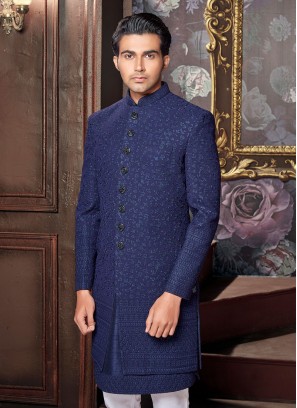 Reception Wear Ethnic Indowestern In Blue Color