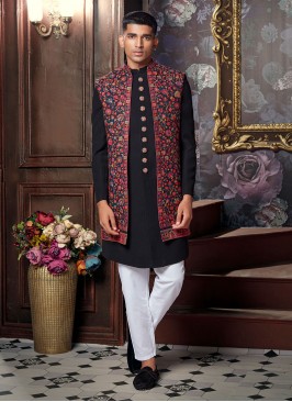 Reception Wear Flower Print Indowestern In Black Color