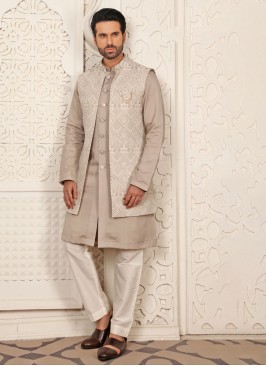 Reception Wear Golden Cream Jacket Style Indowestern