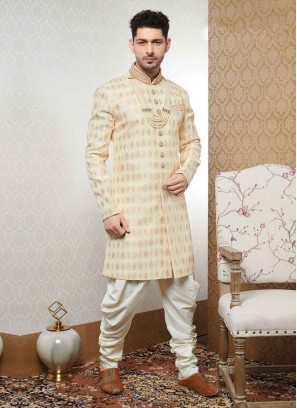 Reception Wear Indowestern In Golden Cream Color