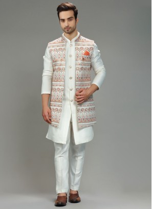 Reception Wear Ivory Nehru Jacket Set In Silk