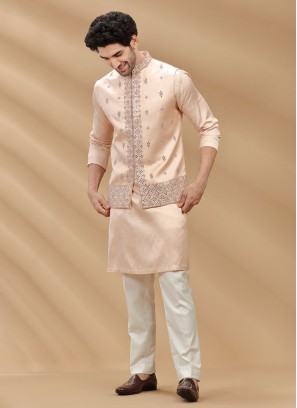 Reception Wear Peach Embroidered Nehru Jacket Set