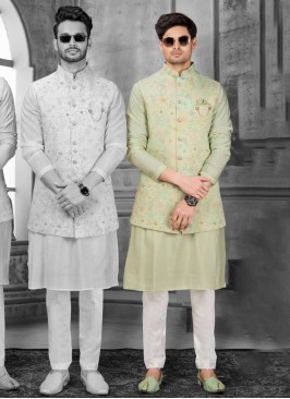 Reception Wear Pista Green Embroidered Nehru Jacket Set