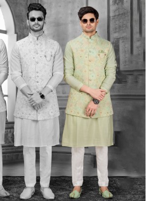 Reception Wear Pista Green Embroidered Nehru Jacket Set