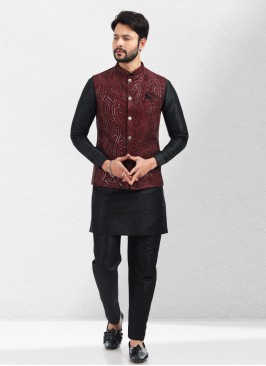 Red And Black Embroidered Nehru Jacket Set For Men