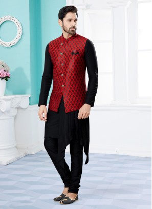Red And Black Weaving Embroidered Nehru Jacket Set For Men