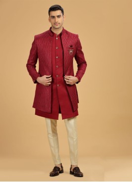 Red And Cream Jacket Style Indowestern Set