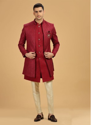 Red And Cream Jacket Style Indowestern Set