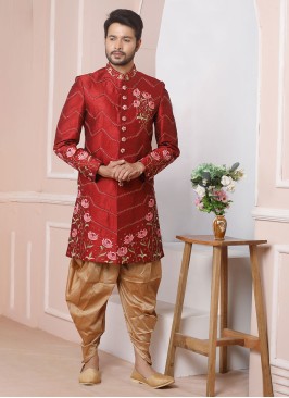 Red And Golden Art Banarasi Silk Sherwani For Men